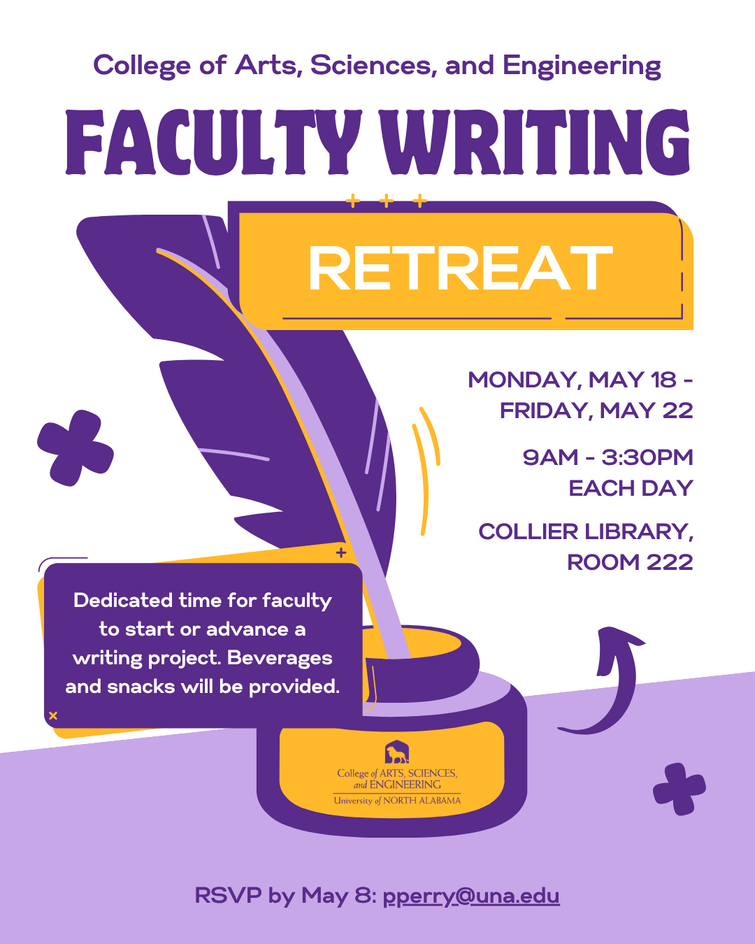 Purple and gold flyer: CASE Faculty Writing Retreat May 18-22