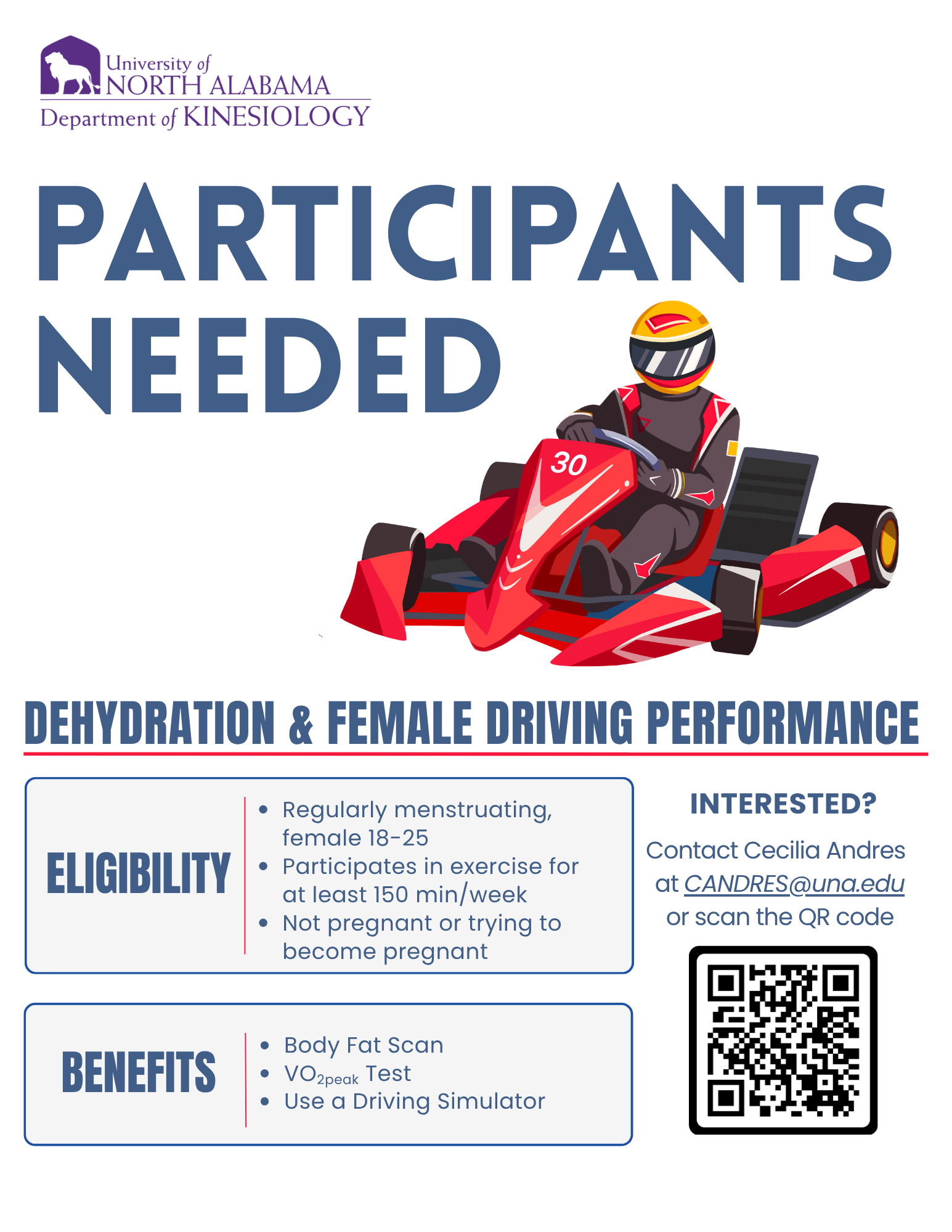 "Participants Needed, April-June" --- "Human Performance Lab" --- "Interested? Contact Cecilia Andres at candres@una".edu