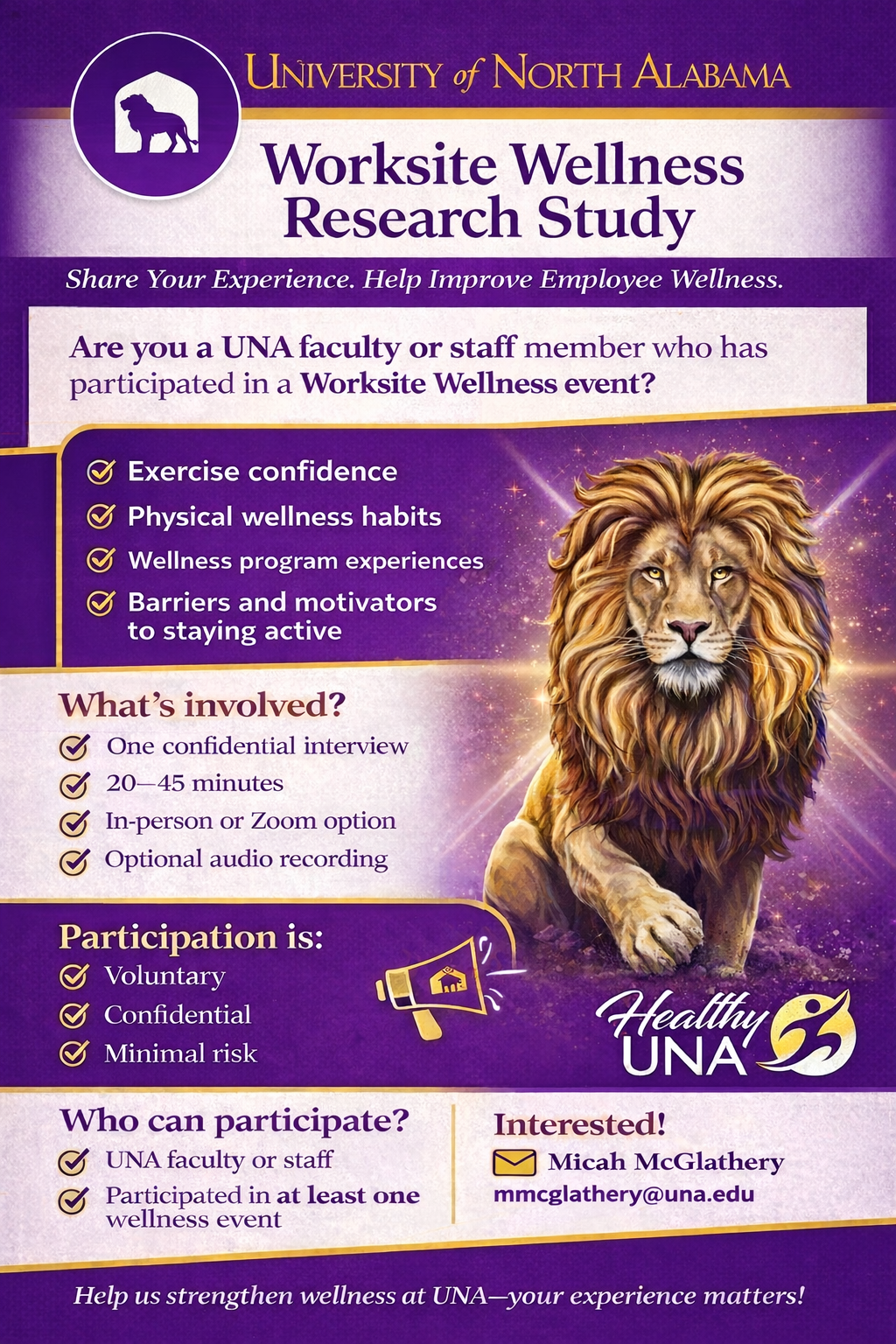 Research recruitment flyer: One interview required, 20-45 mins, contact Micah McGlathery (mmcglathery@una.edu)