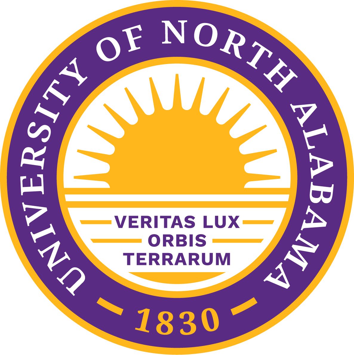 Circular seal containing a rising sun over the Latin phrase "Veritas Lux Orbis Terrarum," encircled by the text "University of North Alabama - 1830"