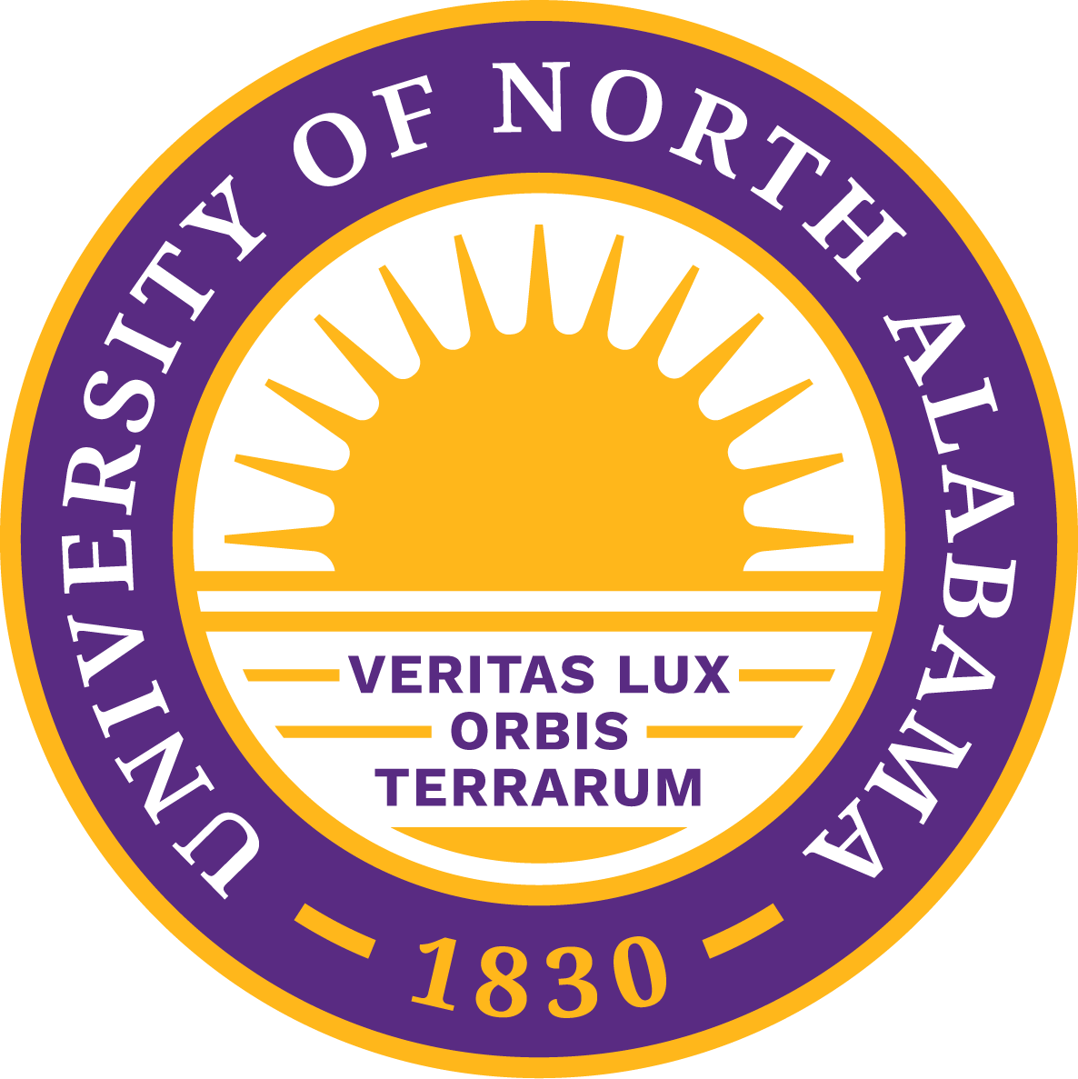 Circular seal containing a rising sun over the Latin phrase "Veritas Lux Orbis Terrarum," encircled by the text "University of North Alabama - 1830"