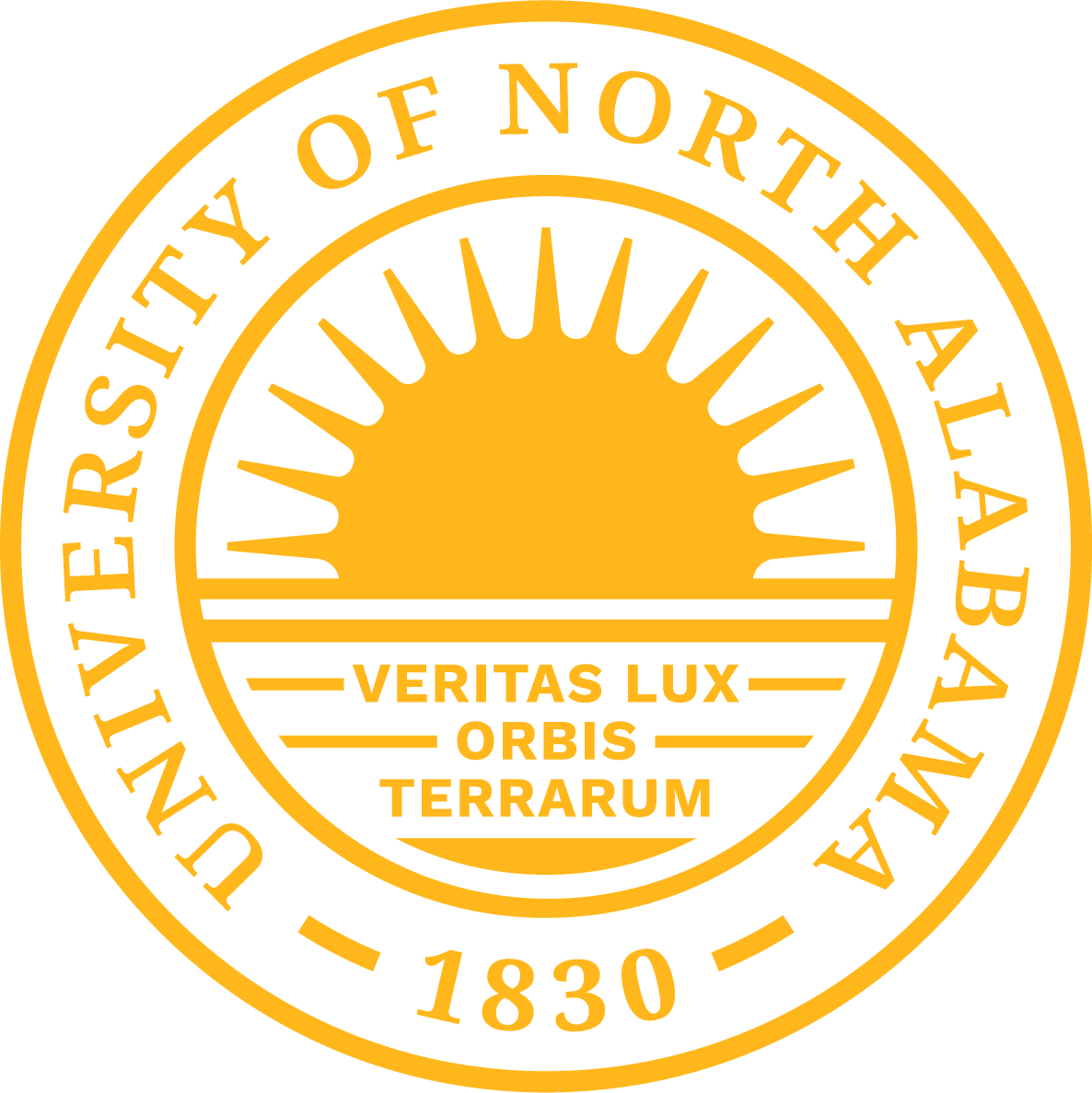 Circular seal containing a rising sun over the Latin phrase "Veritas Lux Orbis Terrarum," encircled by the text "University of North Alabama - 1830"
