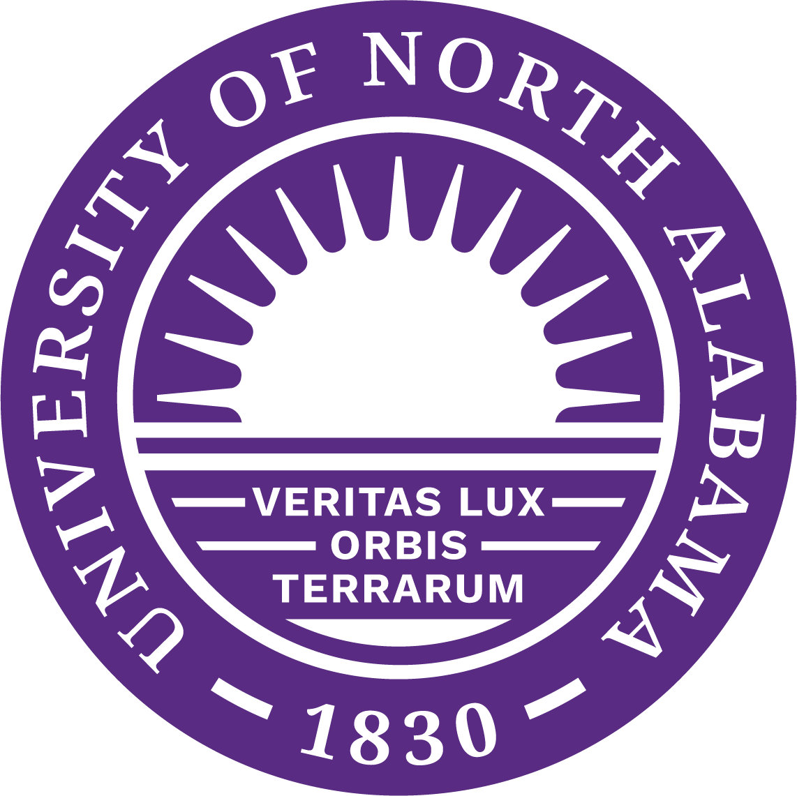 Circular seal containing a rising sun over the Latin phrase "Veritas Lux Orbis Terrarum," encircled by the text "University of North Alabama - 1830"