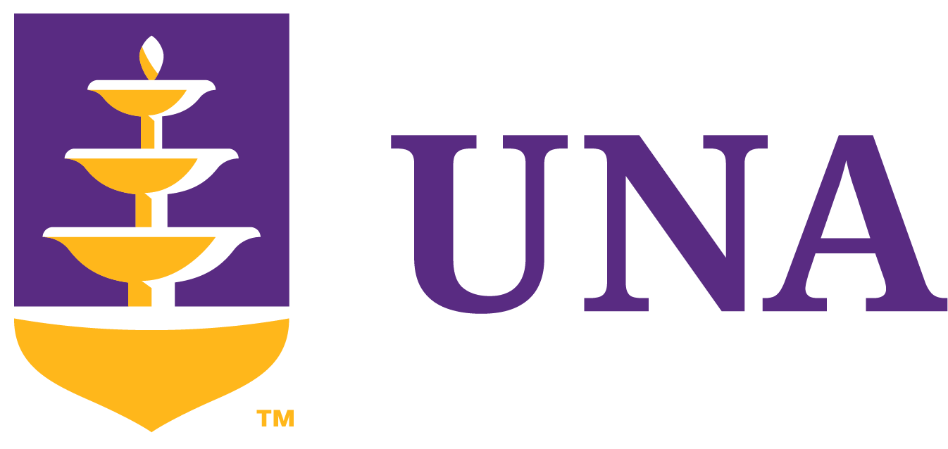 Full color UNA shield logo with horizontal aligned purple monogram "UNA".