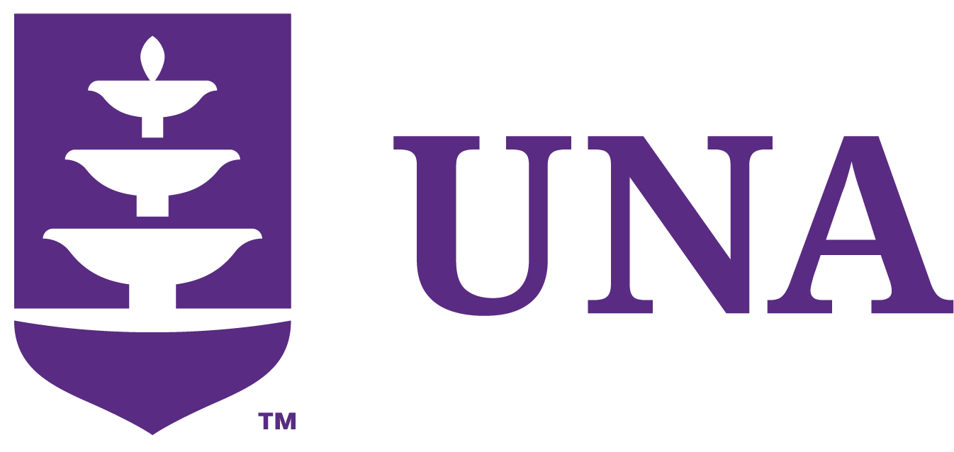 One color UNA shield logo with horizontal aligned purple monogram "UNA".