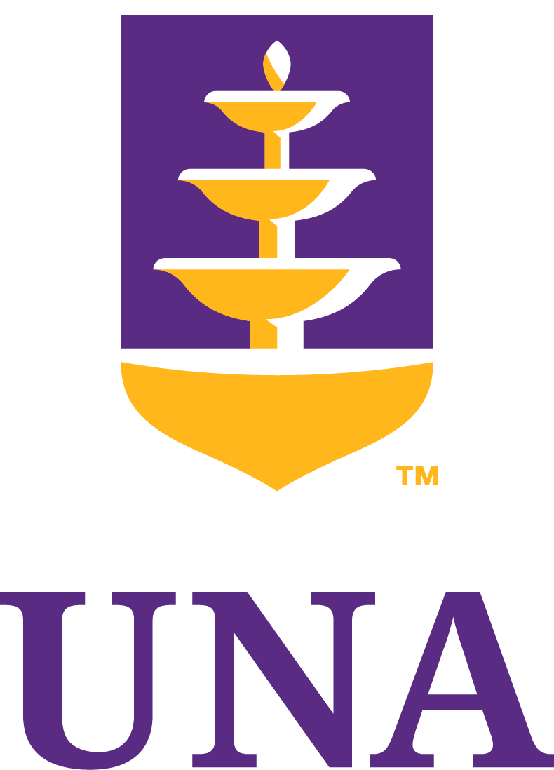 Full color UNA shield logo with vertical aligned purple monogram "UNA".