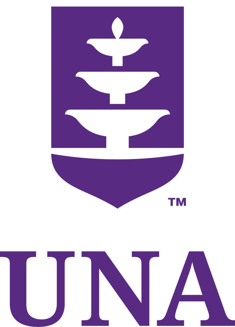 One color UNA shield logo with vertical aligned purple monogram "UNA".