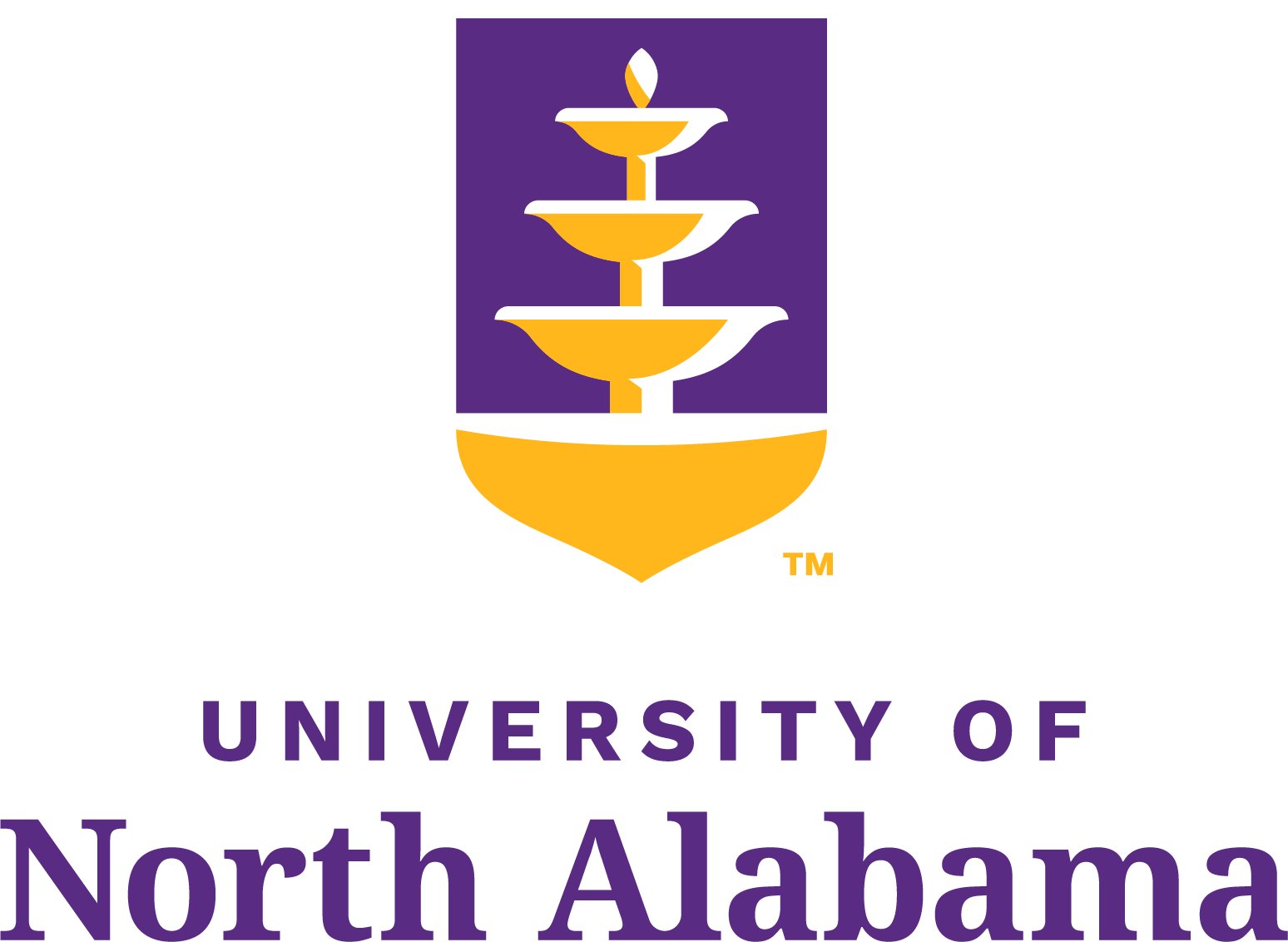 Full color UNA shield logo with vertical aligned purple text.