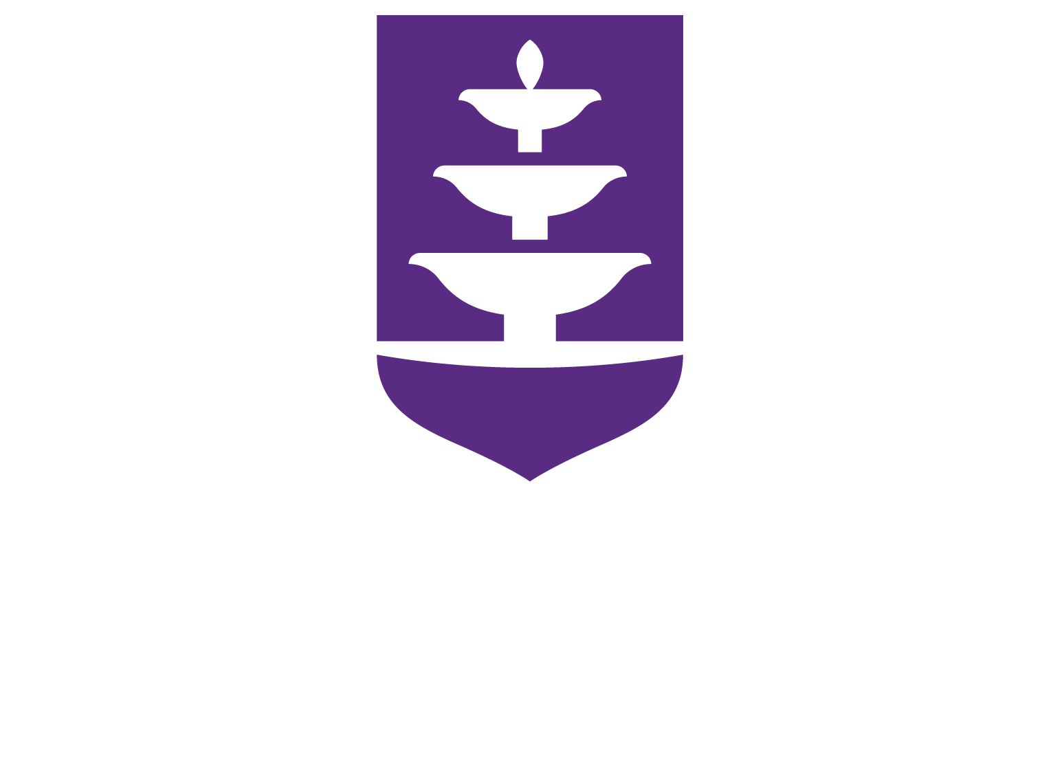 One color UNA shield logo with vertical aligned white text.