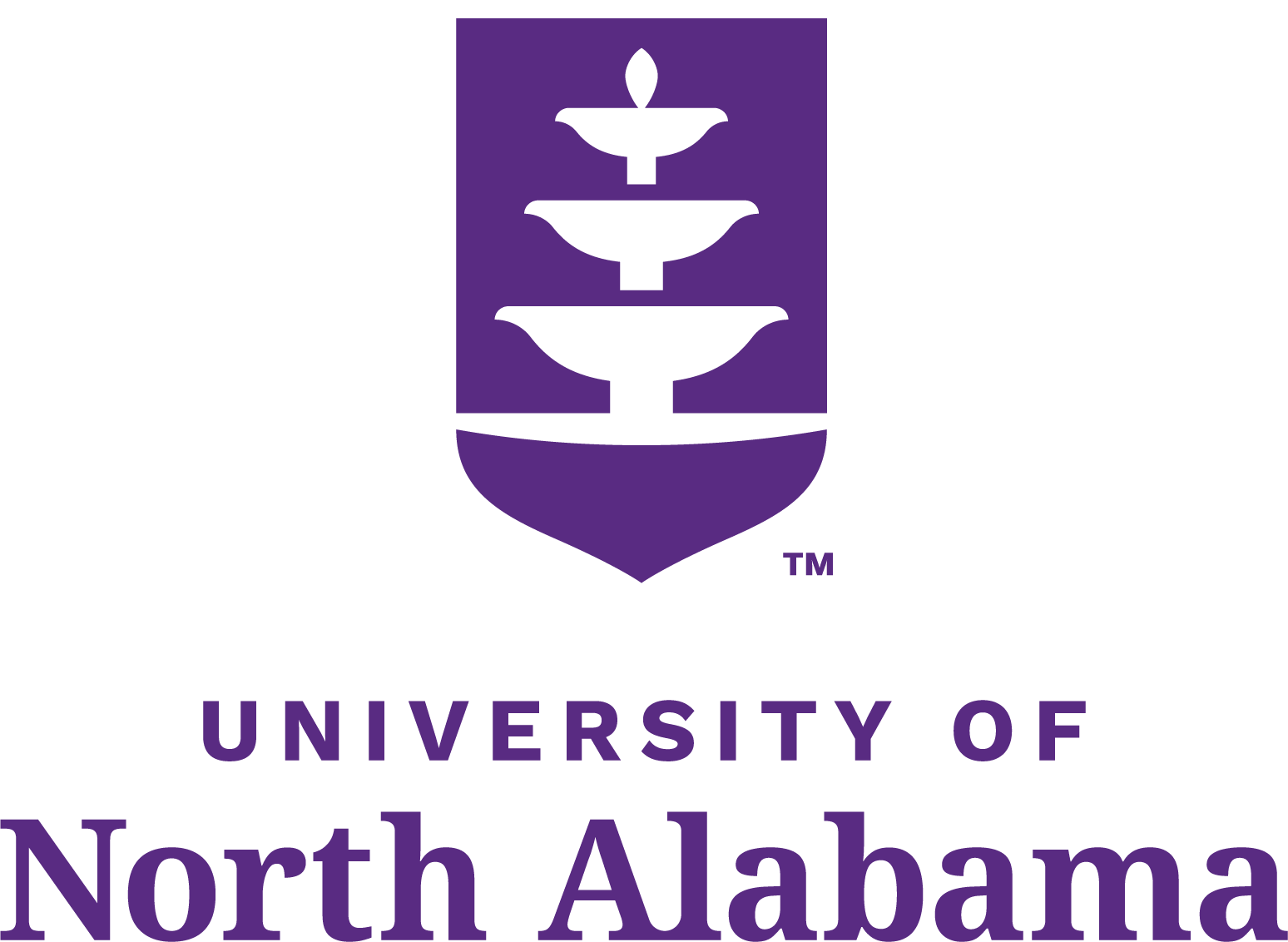 One color UNA shield logo with vertical aligned purple text.