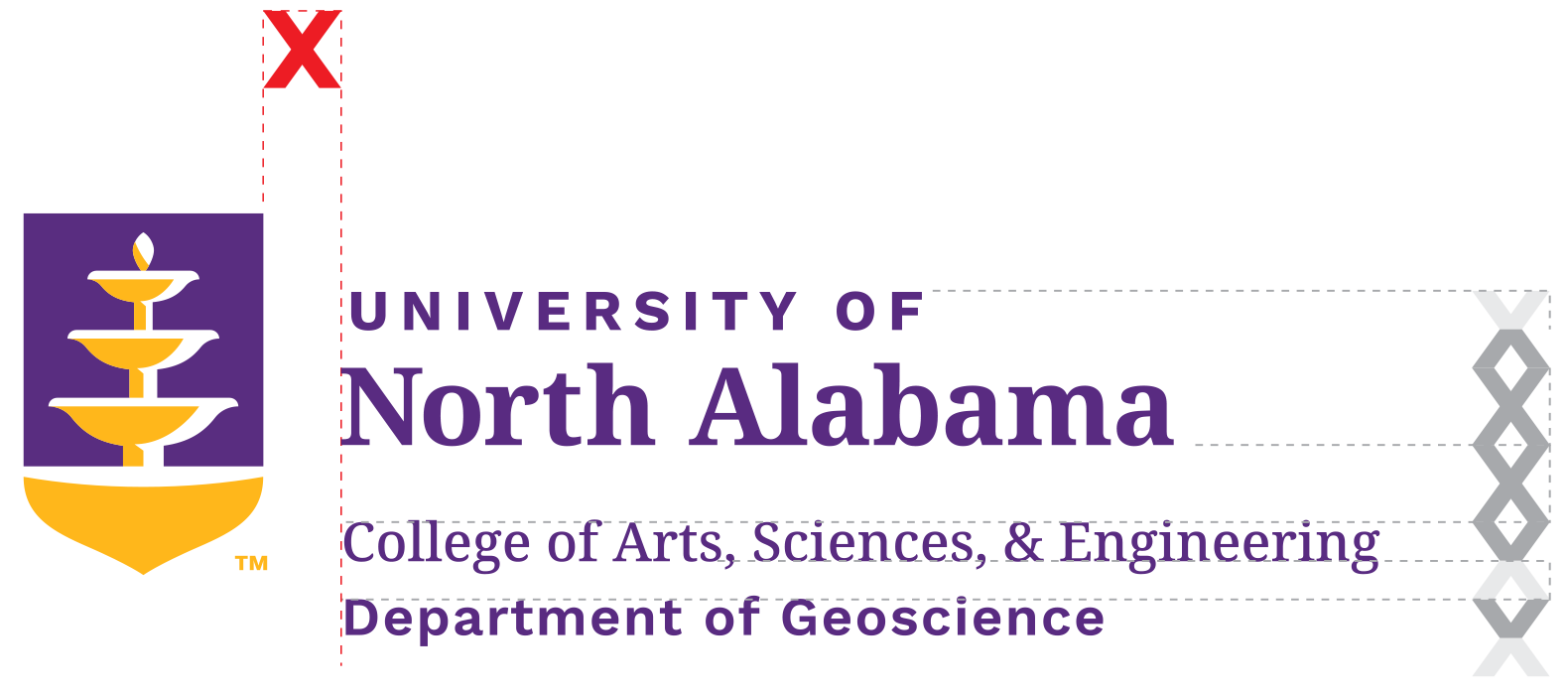 A sub-branded logo with clear space marked. The UNA Shield logo sits to the left with text to the right. "University of North Alabama" shows on two lines, aligned with the shield. Under the university name, "College of Arts, Sciences, and Engineering" sits above "Department of Geoscience."
