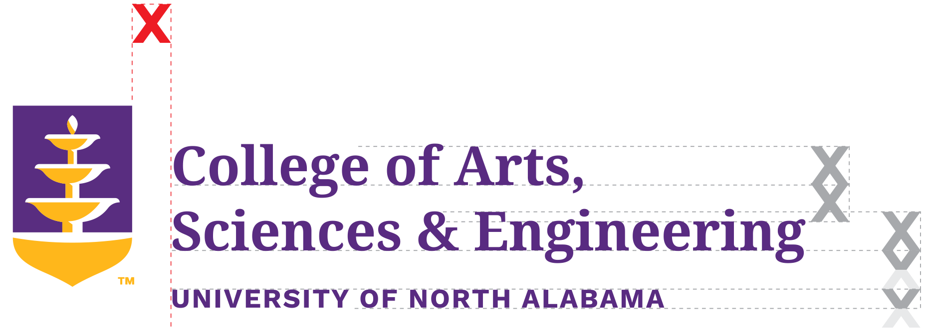 A sub-branded logo with clear space marked. The UNA Shield logo sits to the left with text to the right. "College of Arts, Sciences & Engineering" shows on two lines, aligned with the shield. Under the college name, "University of North Alabama" is displayed.
