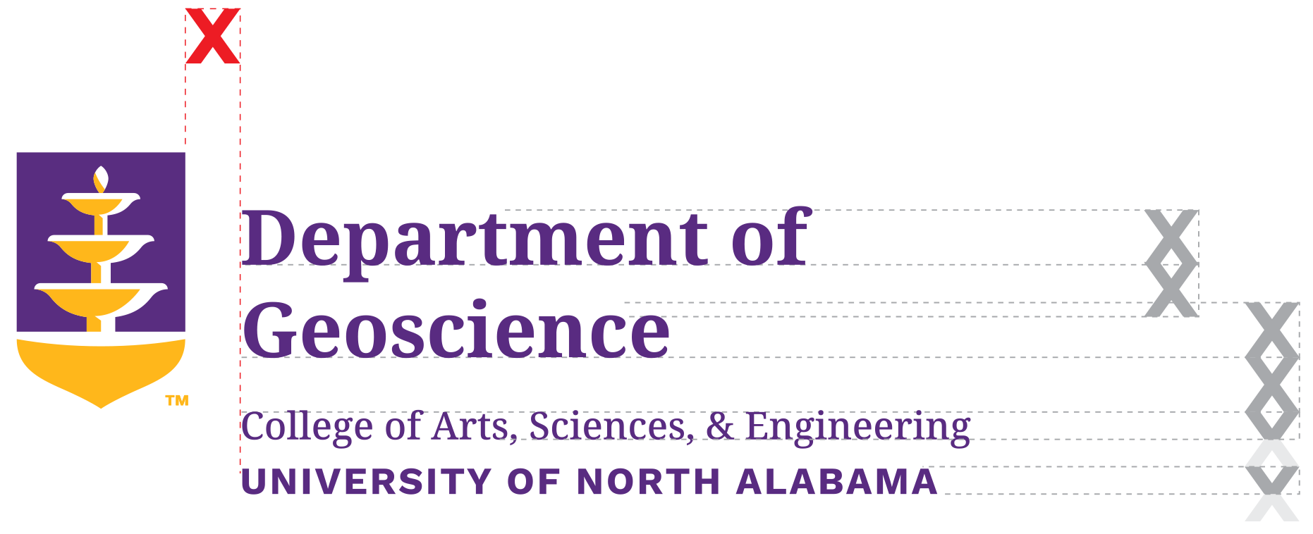 A sub-branded logo with clear space marked. The UNA Shield logo sits to the left with text to the right. "Department of Geoscience" shows on two lines, aligned with the shield. Under the department name, "College of Arts, Sciences, and Engineering" sits above "University of North Alabama."