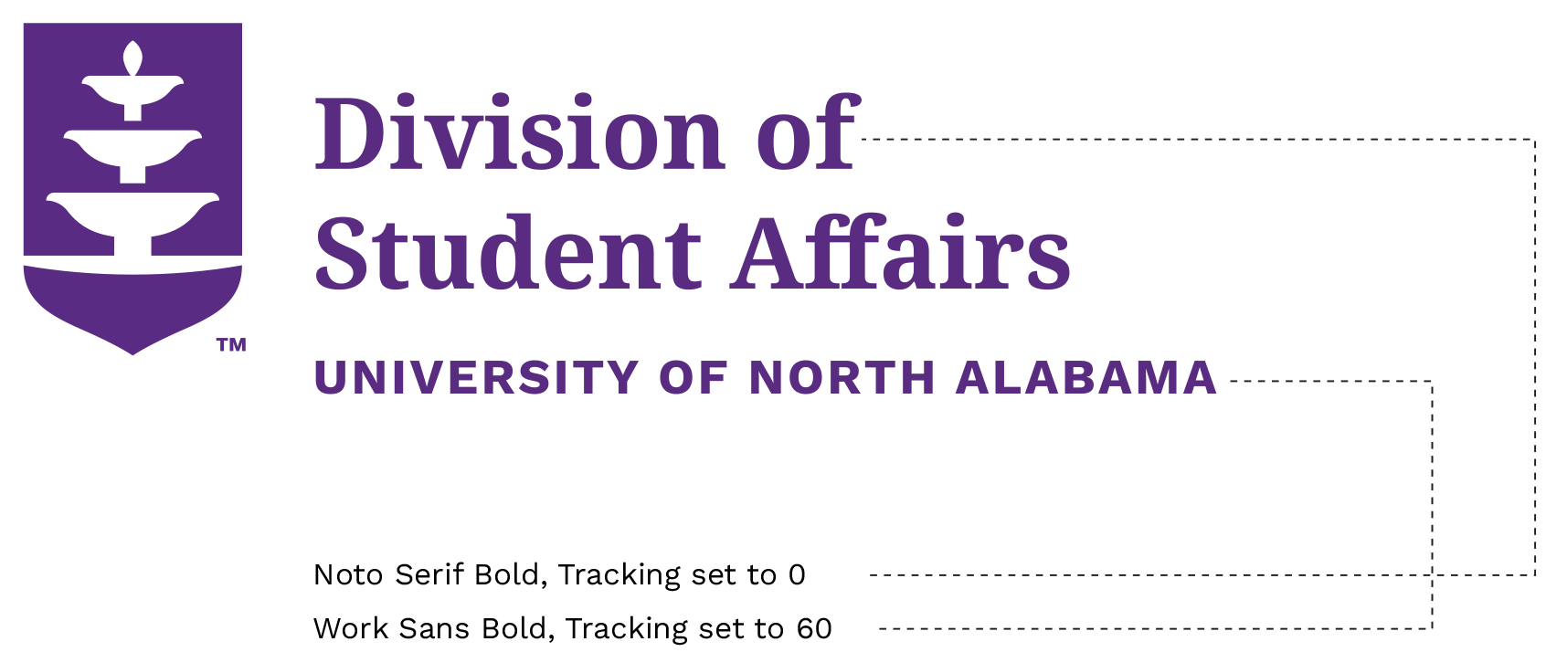 Model graphic for Division of Student affairs showing metics for fonts and spacing. "Division of Student Affairs" sits next to the shield and is labeled "Noto Serif Bold, Tracking set to 0." "University of North Alabama" below and is labeled "Work Sans Bold, Tracking set to 60."