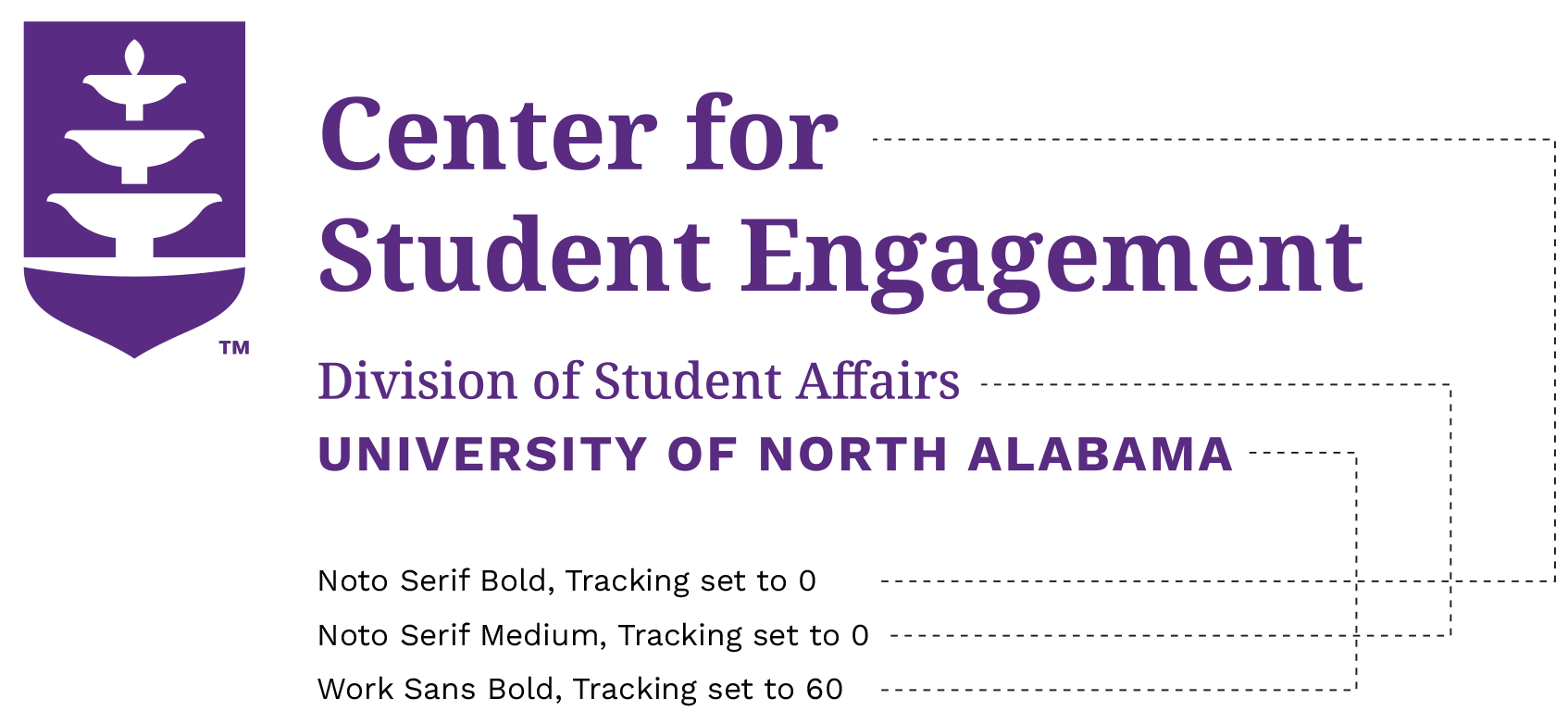 Model graphic for Center for Student Engagement showing metics for fonts and spacing. "Center for Student Engagement" sits next to the shield and is labeled "Noto Serif Bold, Tracking set to 0." "Division of Student Affairs" sits below and is labeled "Noto Serif Medium, Tracking set to 0." Under that sits "University of North Alabama," labeled "Work Sans Bold, Tracking set to 60."