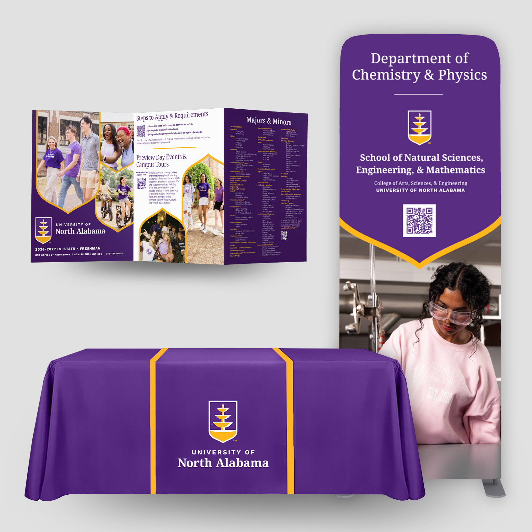 Three examples of UNA branded pieces. One is a brochure, the second is a sign, the third is a tablecloth. 