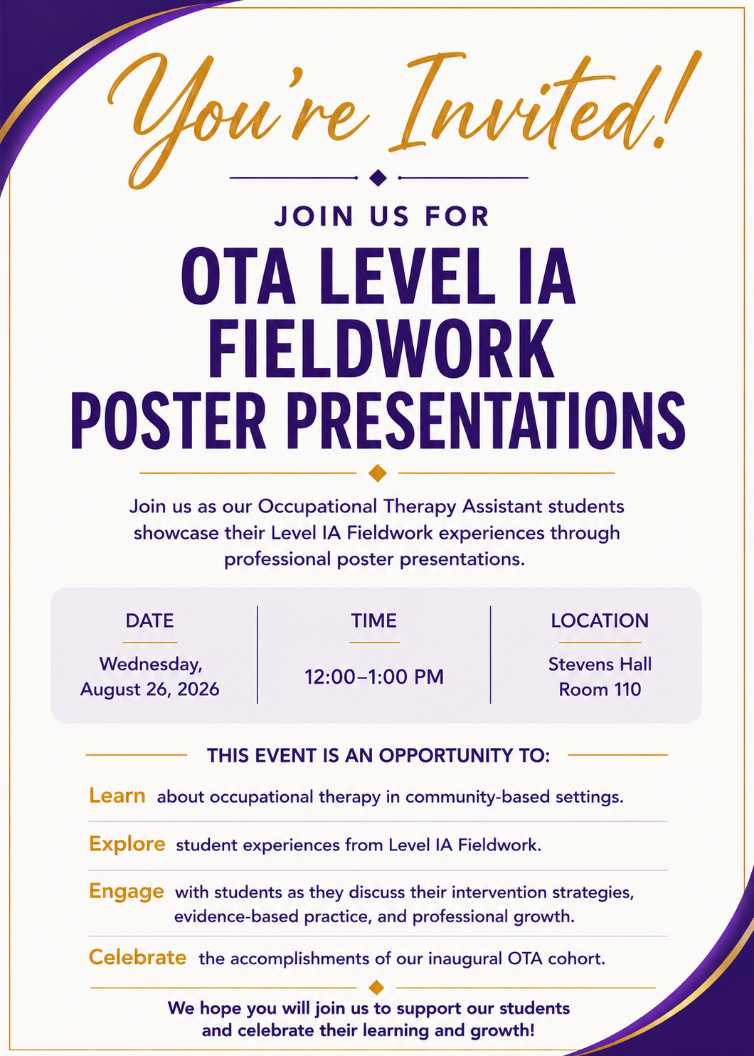 OTA Poster Presentations Invitation: Augus 26,12 pm, Stevens Hall Rm 110