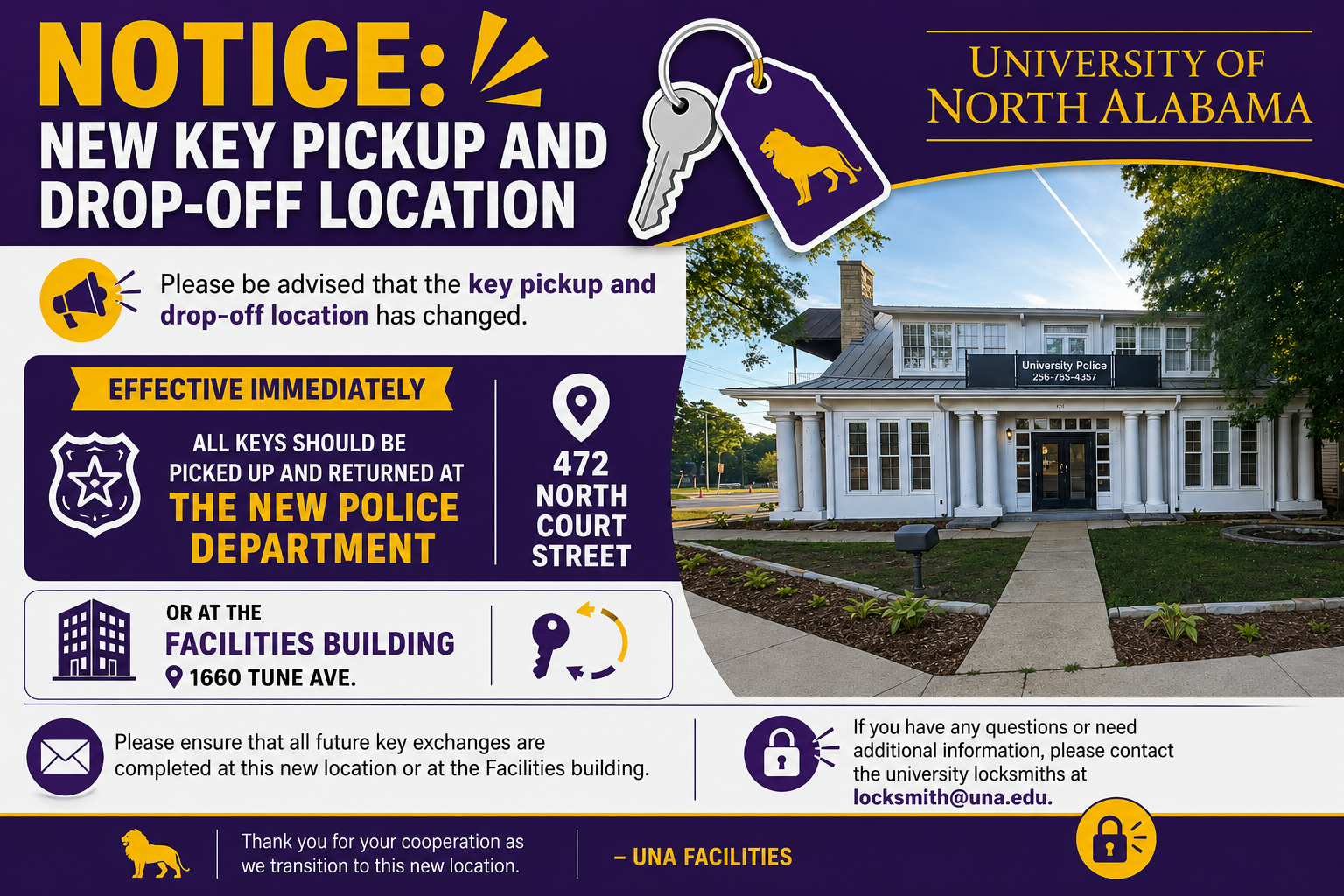 New Key Pick up and Drop Off Location. All Keys should be picked up and returned at the new Police Department @ 472 North Court Street or at the Facilities Building, 1660 Tune Ave.