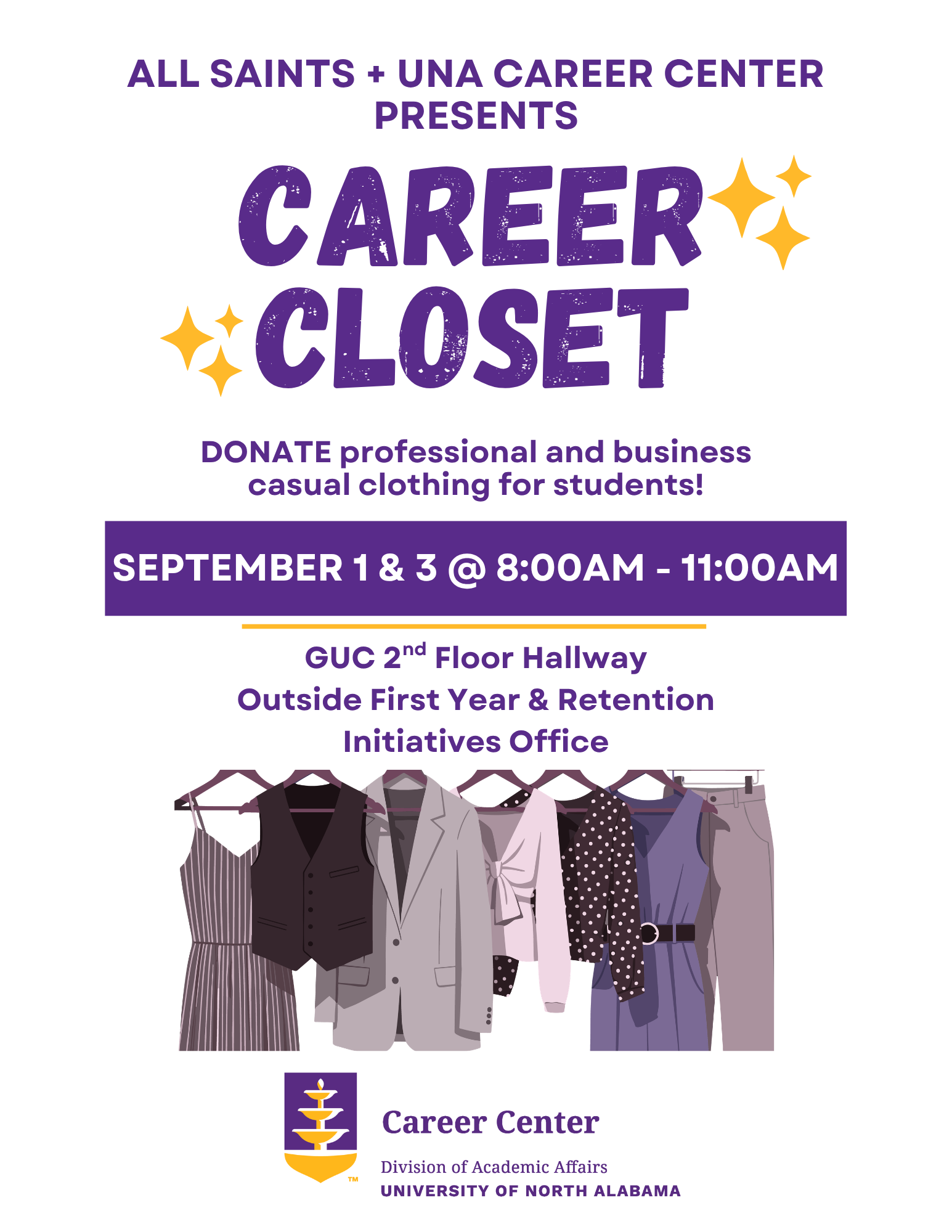 White Flyer, September 1 & 3, 2026, Donations for Career Closet, GUC Hallway, 2nd floor, 8-11am
