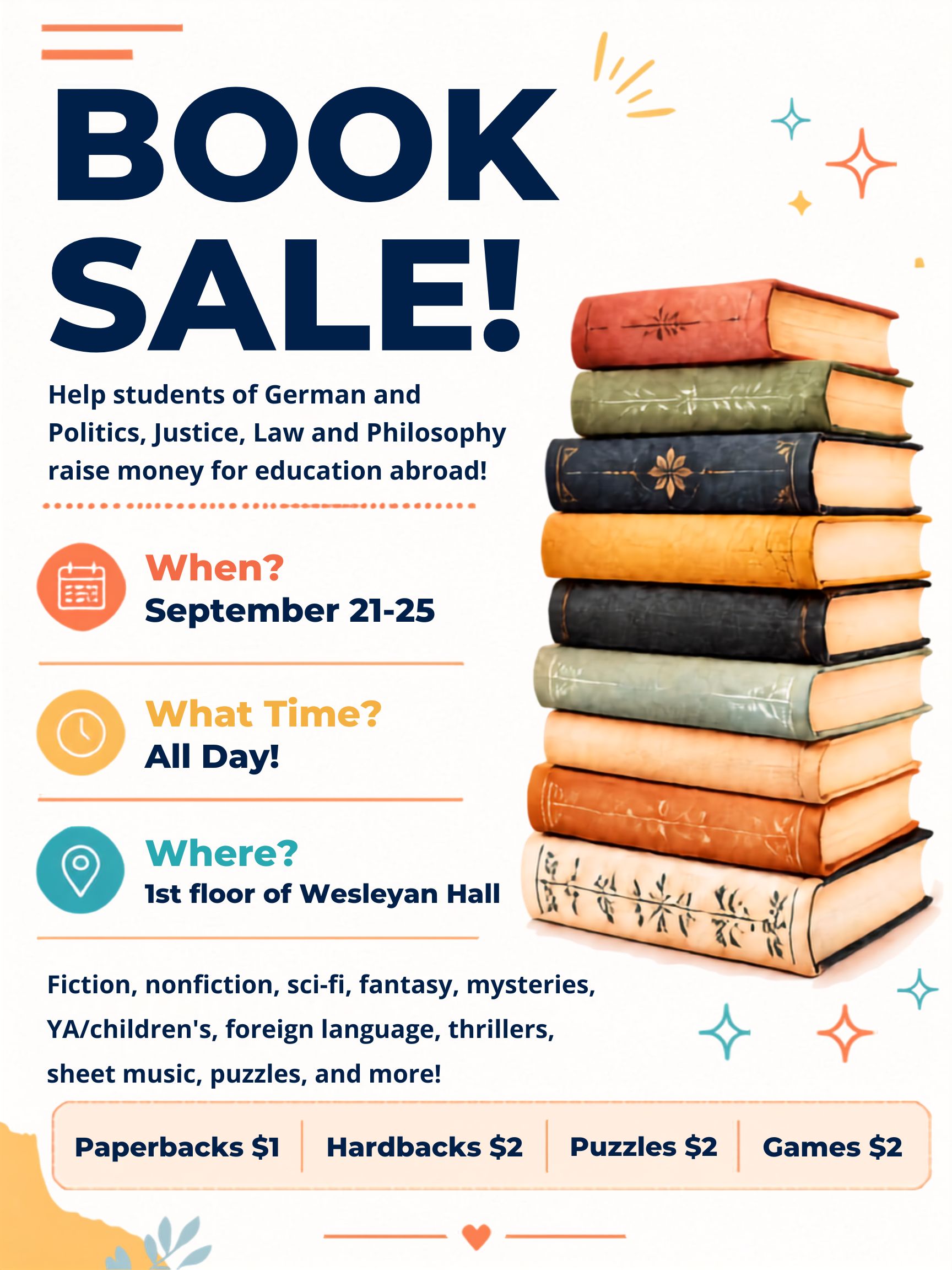 Book Sale, stack of books, Sept. 21-25 in 1st floor of Wesleyan Hall