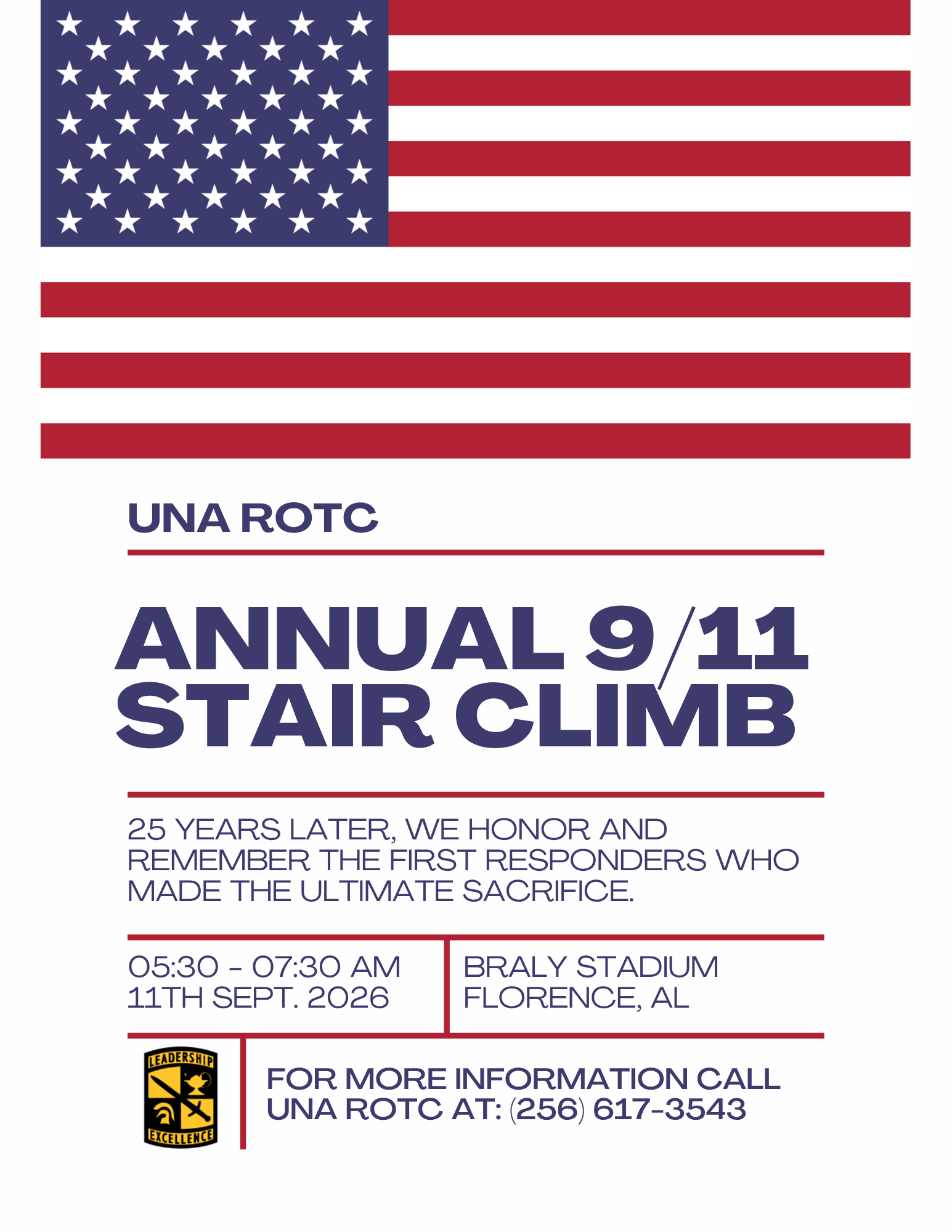 Flyer: 9/11 Stair Climb at Braly Stadium on 11SEPT2026 at 0530.