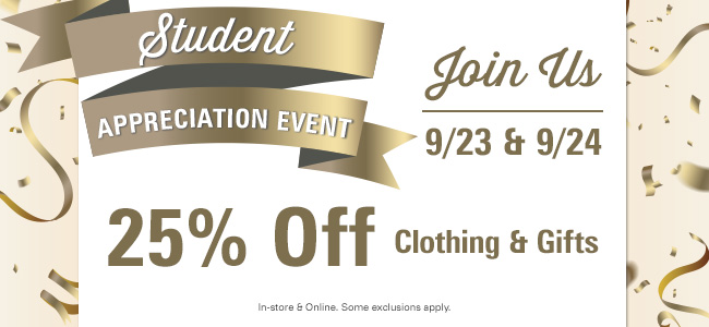25% off Campus Book Store event for gifts and clothing, 9/23 - 9/24