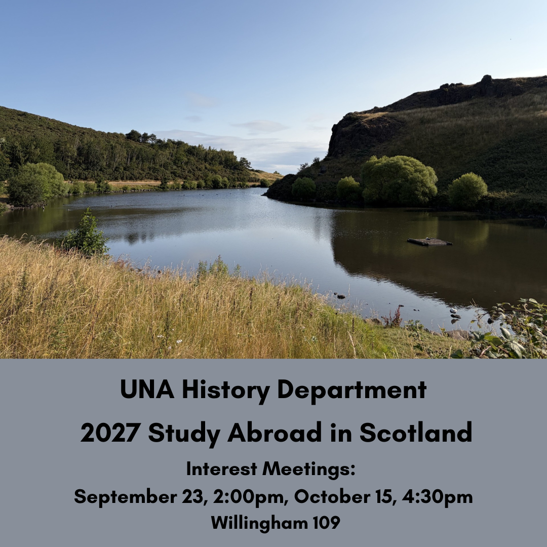 Flyer for the UNA Scotland Study Abroad information meeting showing a lake in the mountains, meeting is October 15 at 4:30pm in Willingham Hall