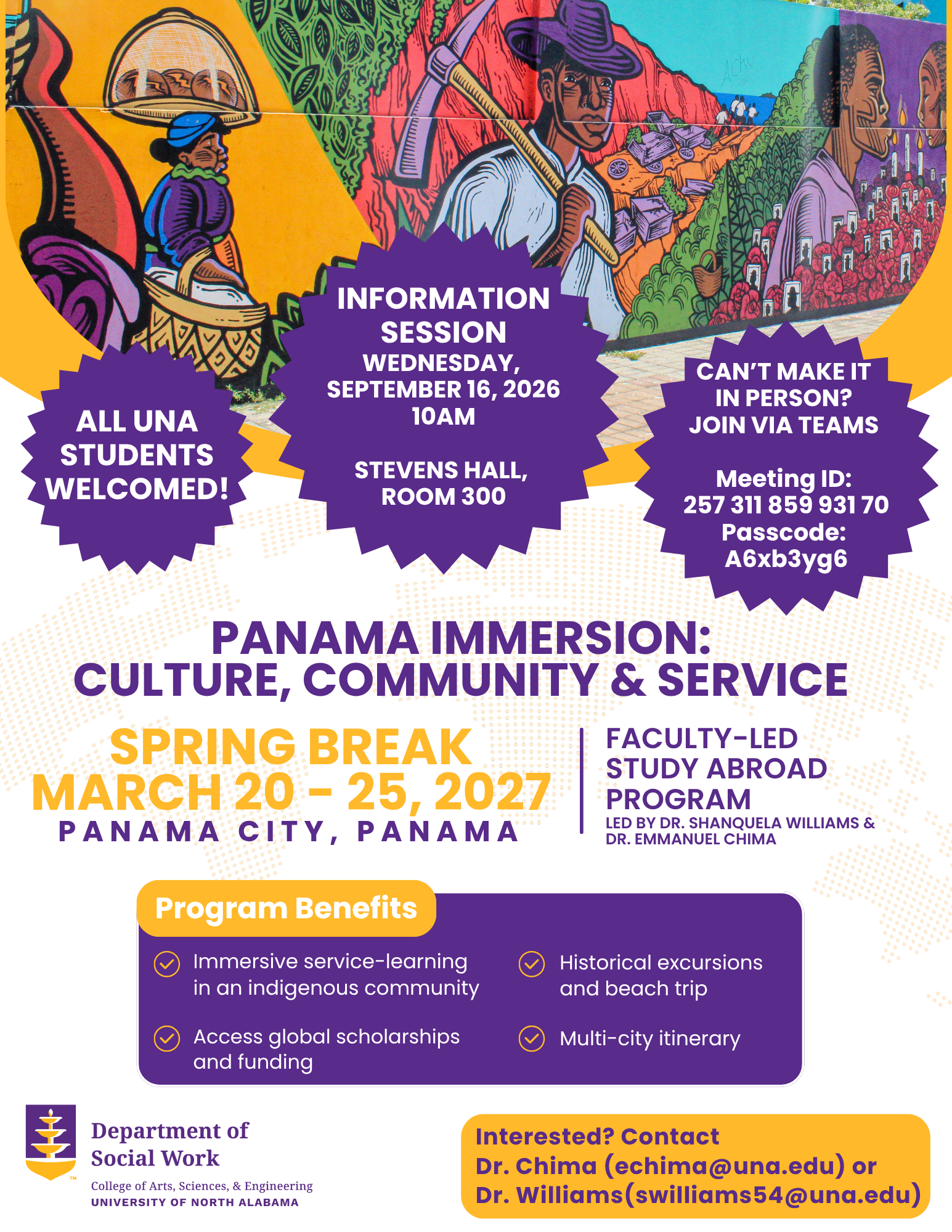 Panama Immersion Study Abroad Info Session, Sept 16, 10A, Stevens Hall, Room 300