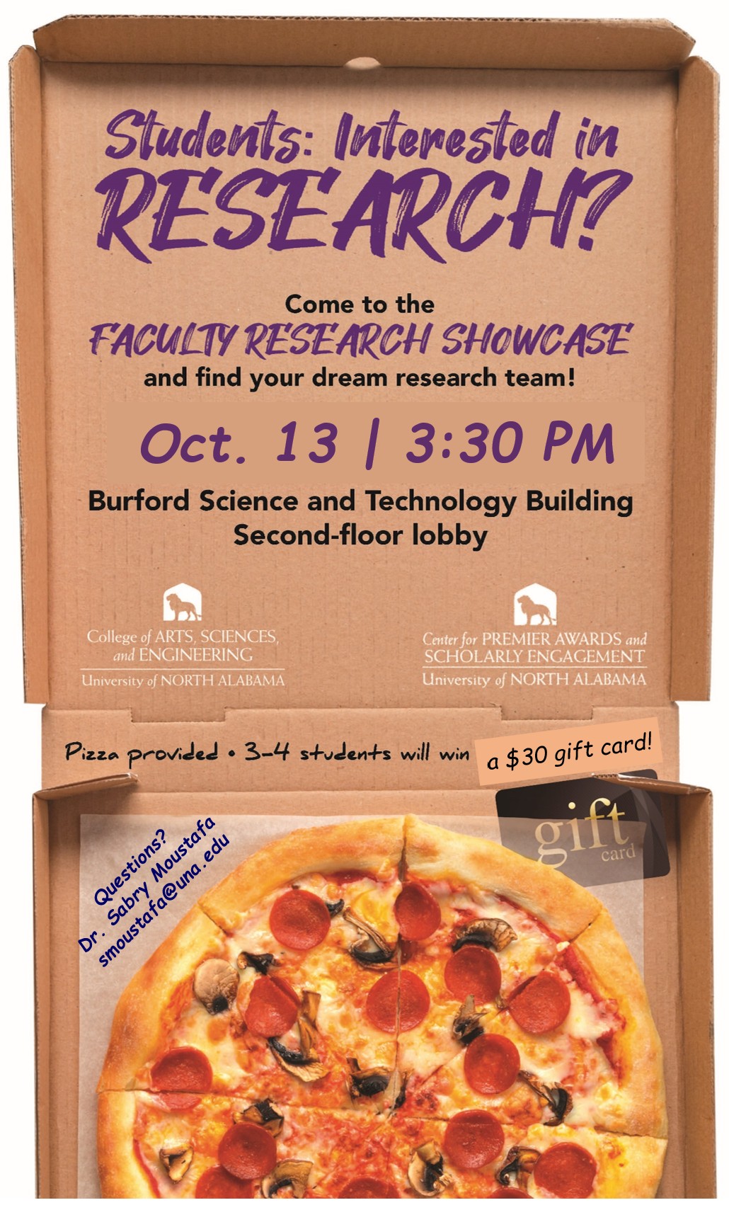 An event flyer styled like a pizza box box inviting University of North Alabama students to a Faculty Research Showcase on October 13th at 3:30 PM in the Burford Science Building.