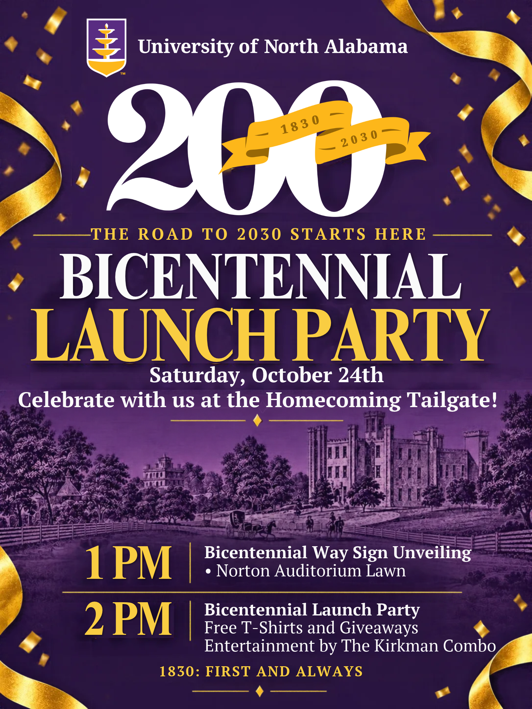Bicentennial Launch Party 10.24.26 at 1pm for the Bicentennial Way Sign Unveiling and 2pm for the Bicentennial launch celebration at the homecoming tailgate