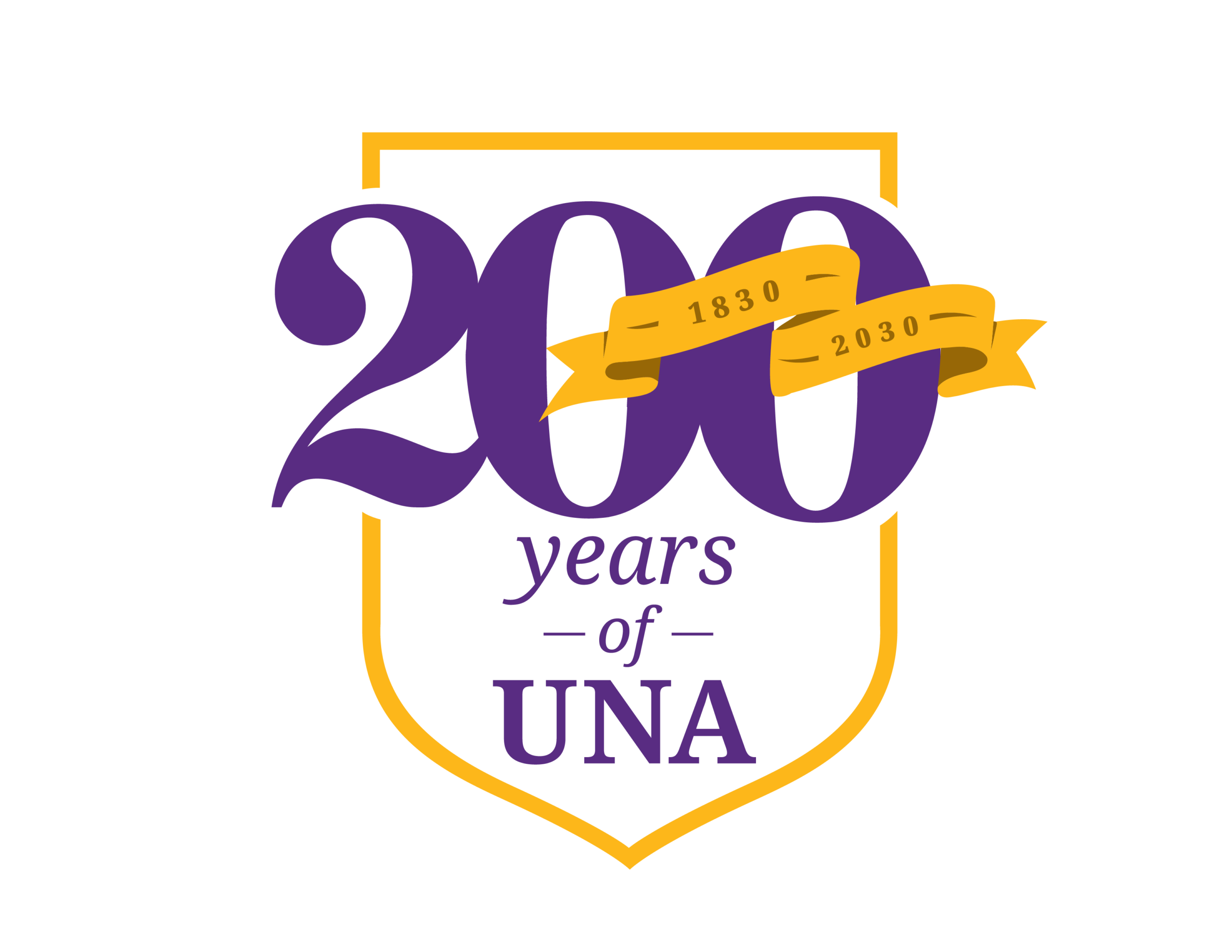 A purple, white, and gold logo celebrating 200 Years of UNA.
