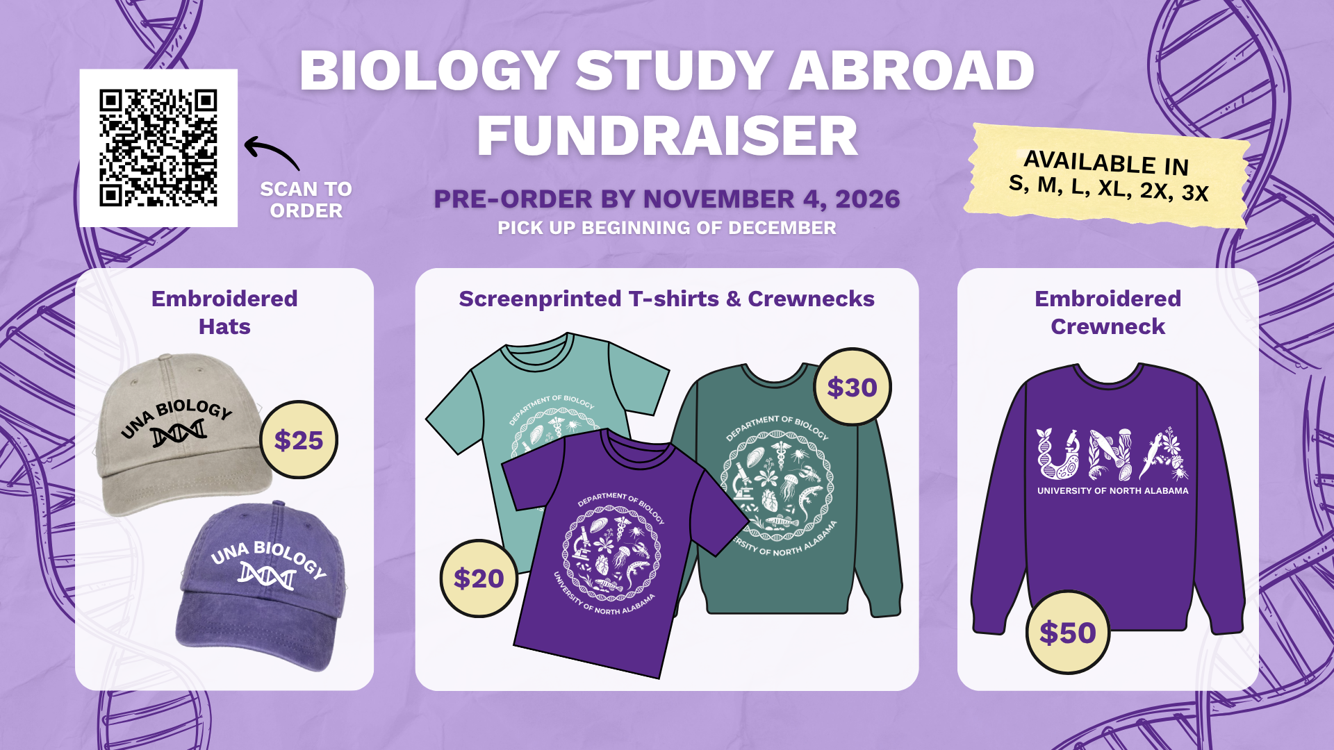 Flyer: UNA Biology Fundraiser, Presales October 19-November 4, Orders via eShop link - Image of T-shirts, Crewnecks, Hats