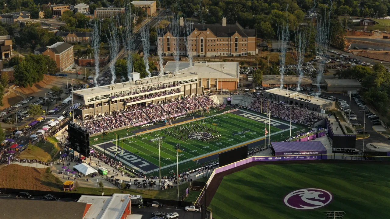 Drone shot of UNA's first game at Bank Independent Stadium
